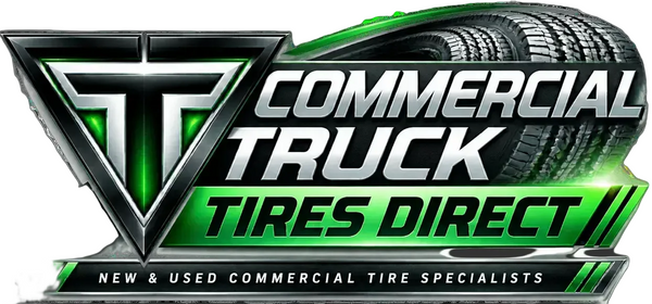 A digital graphic banner for 'Commercial Truck Tires Direct', featuring a stylized metallic 'T' logo with glowing green accents, a stack of tires, and bold text on a dark gray background.